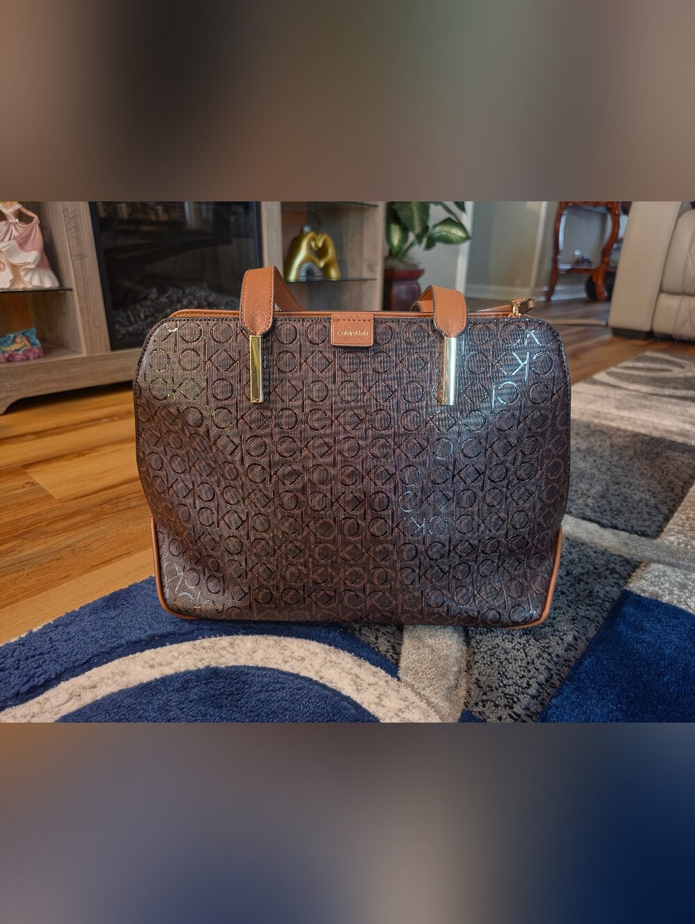 Calvin Klein Brown Monogram Shoulder Bag with Tan Trim